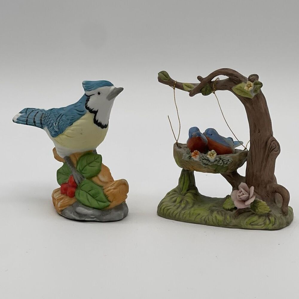Lot Of 2 Vintage AVON Blue Jay Birds Porcelain On Branch Nest Ceramic Figurine
